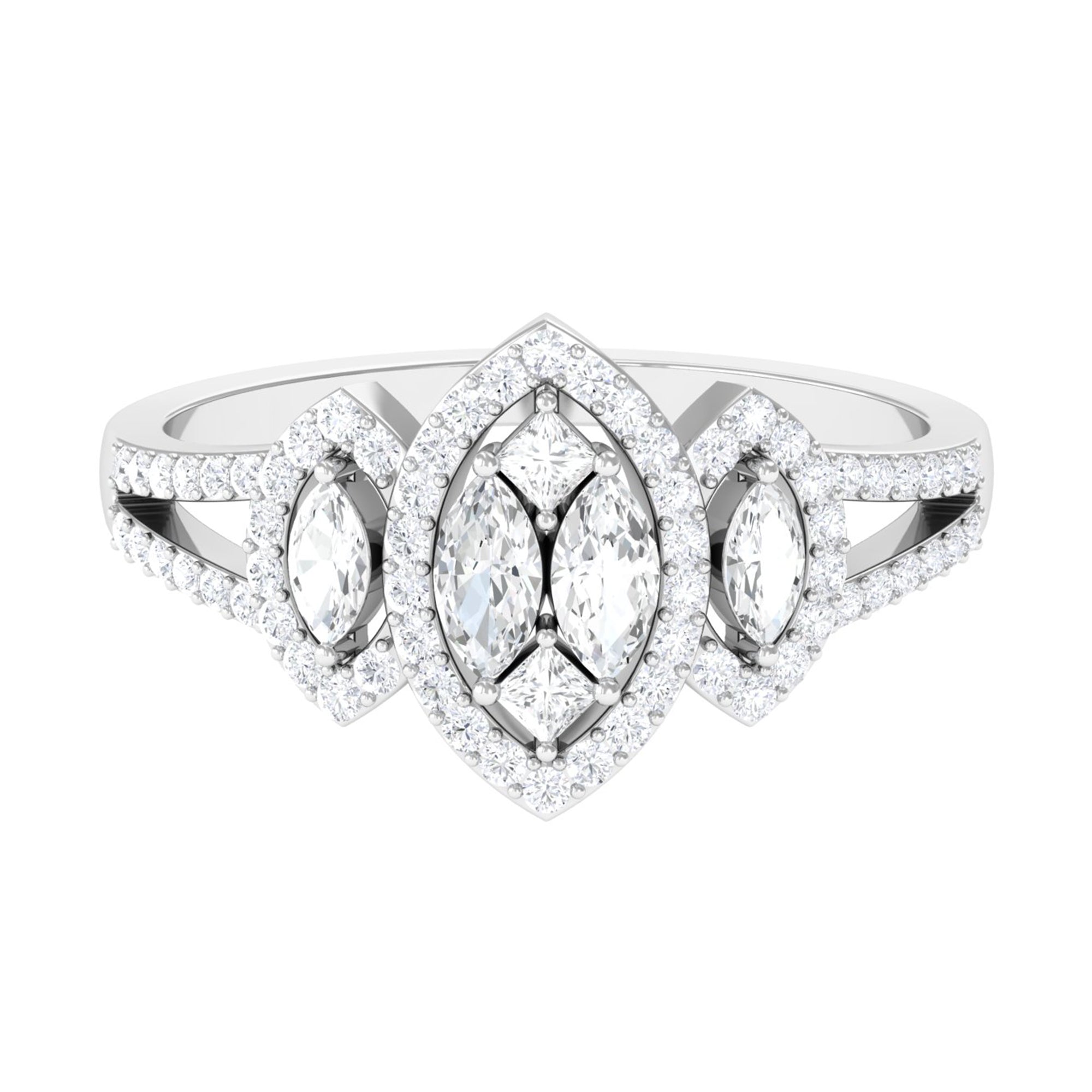 Certified Moissanite Cluster Engagement Ring in Gold Moissanite - ( D-VS1 ) - Color and Clarity - Rosec Jewels