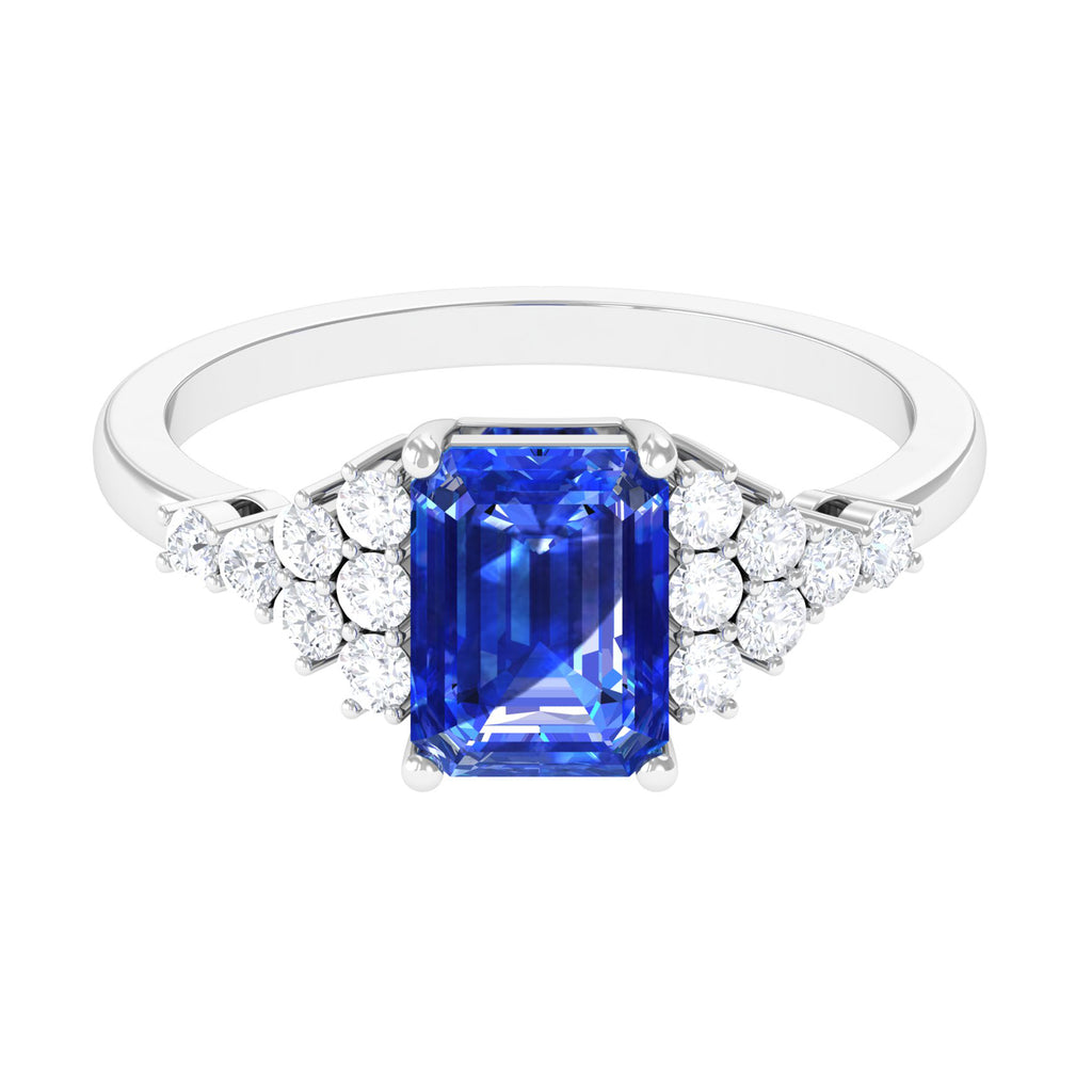 Octagon Cut Created Blue Sapphire Engagement Ring with Diamond Side Stones Lab Created Blue Sapphire - ( AAAA ) - Quality - Rosec Jewels