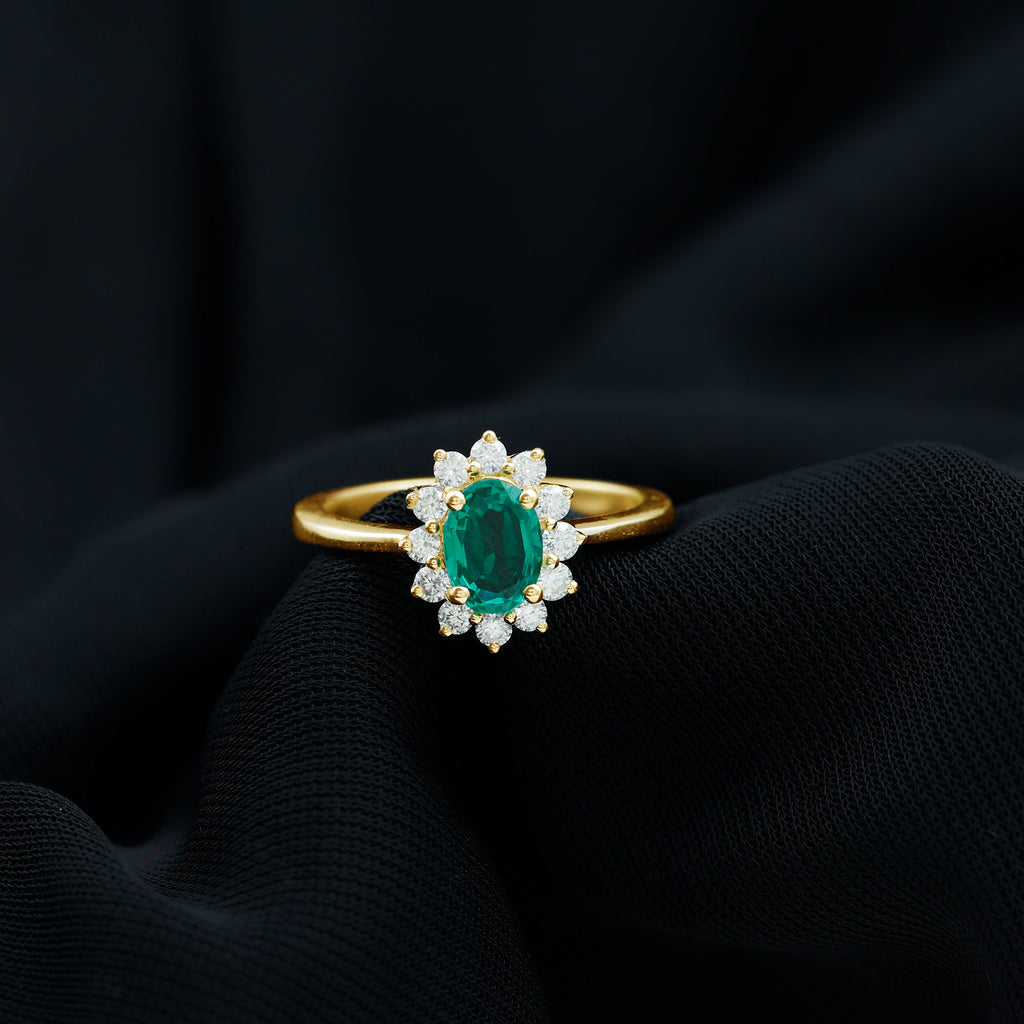 Princess Diana Inspired Created Emerald and Diamond Ring Lab Created Emerald - ( AAAA ) - Quality - Rosec Jewels