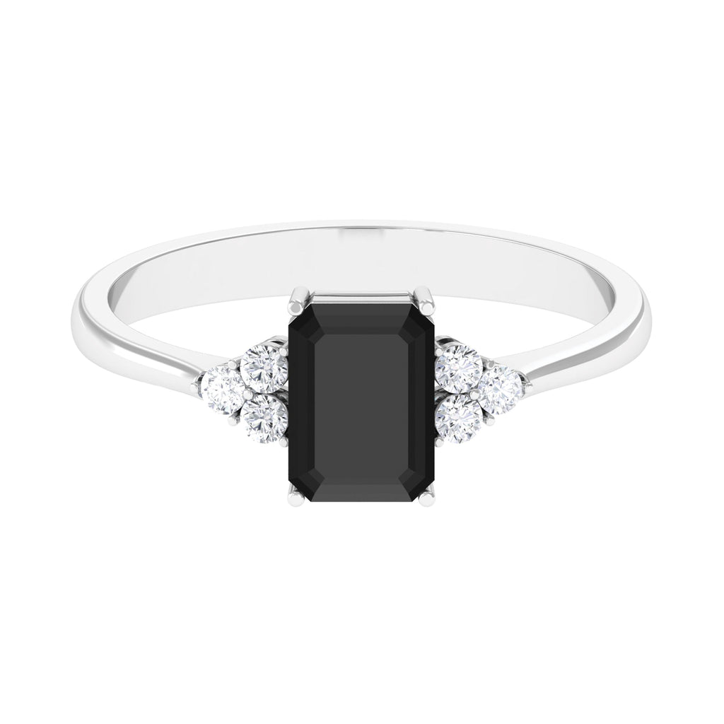 Octagon Created Black Diamond Solitaire Engagement Ring with Diamond Trio Lab Created Black Diamond - ( AAAA ) - Quality - Rosec Jewels