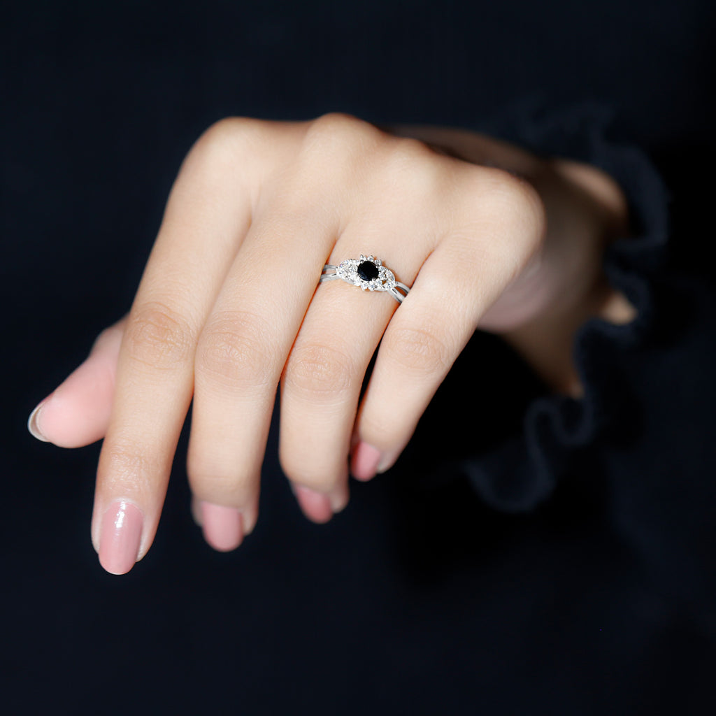 Created Black Diamond and Diamond Flower Engagement Ring in Split Shank Lab Created Black Diamond - ( AAAA ) - Quality - Rosec Jewels