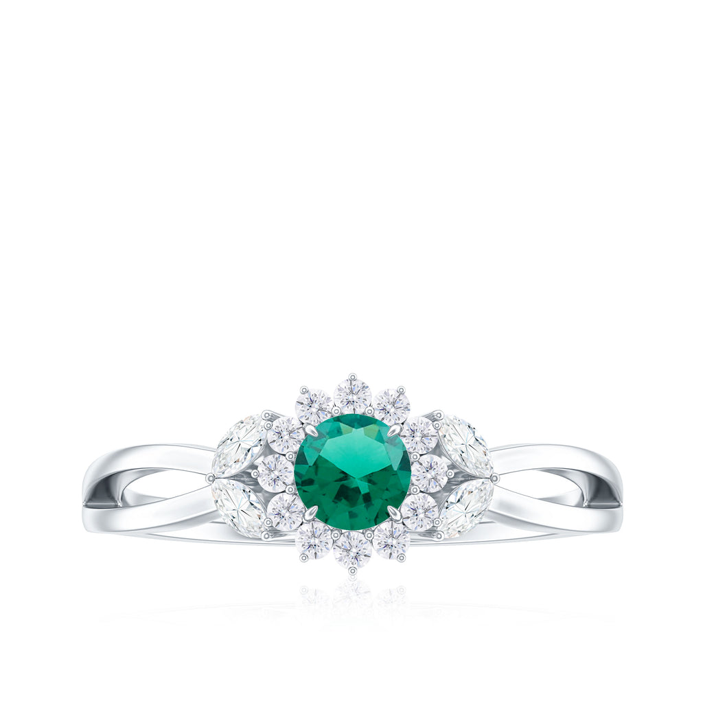 Created Emerald and Diamond Flower Engagement Ring in Split Shank Lab Created Emerald - ( AAAA ) - Quality - Rosec Jewels