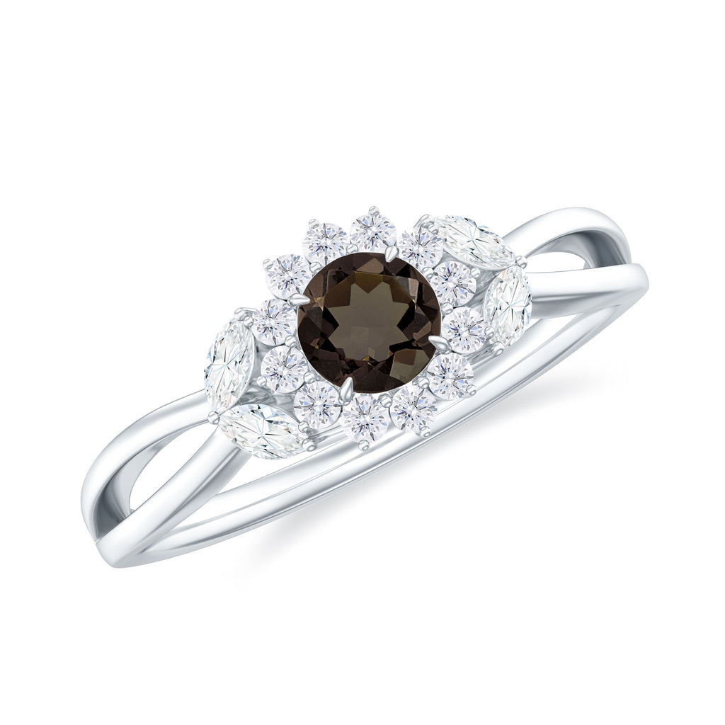 Split Shank Smoky Quartz Flower Engagement Ring with Diamond Smoky Quartz - ( AAA ) - Quality - Rosec Jewels