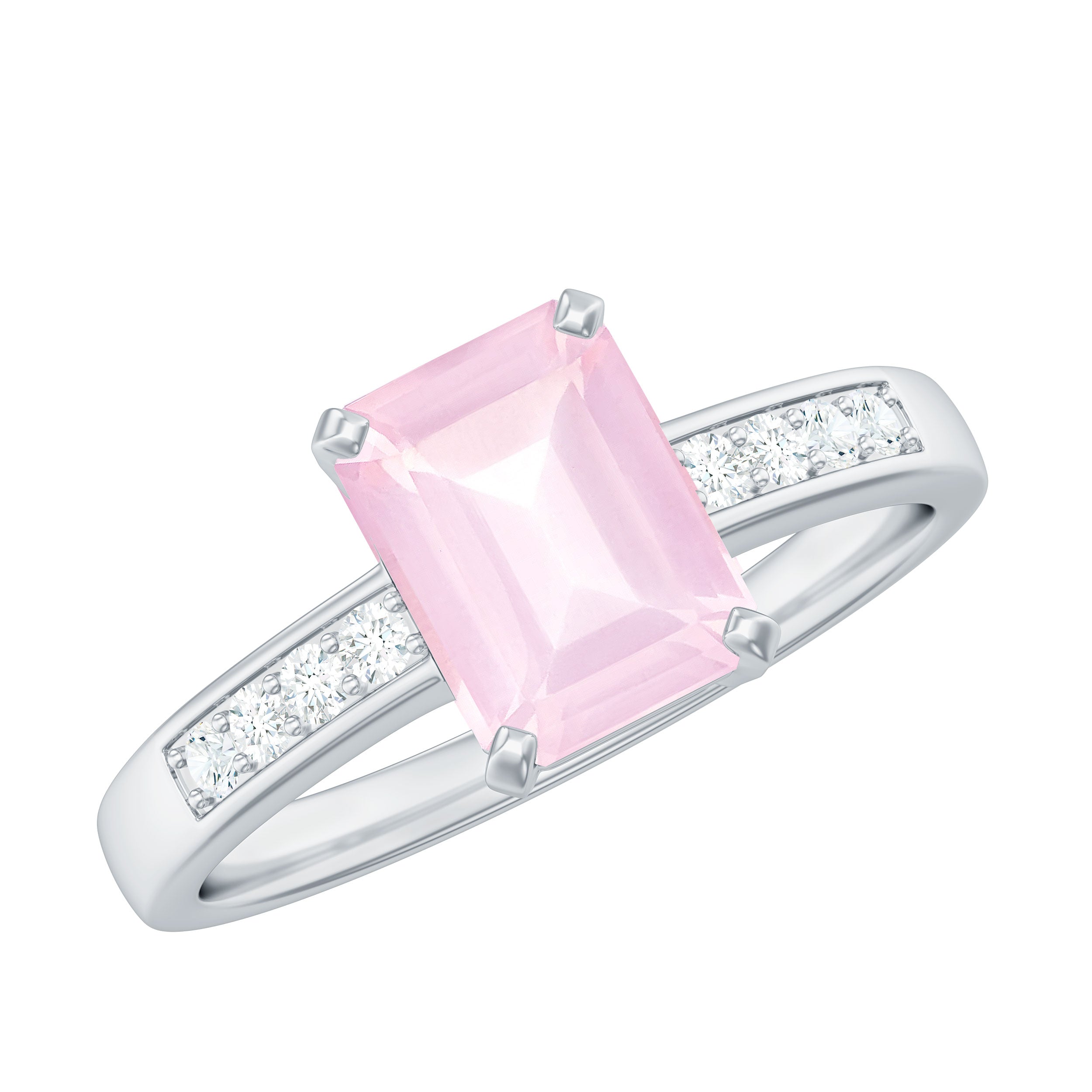 Octagon Cut Rose Quartz Solitaire Engagement Ring with Diamond Side Stones Rose Quartz - ( AAA ) - Quality - Rosec Jewels