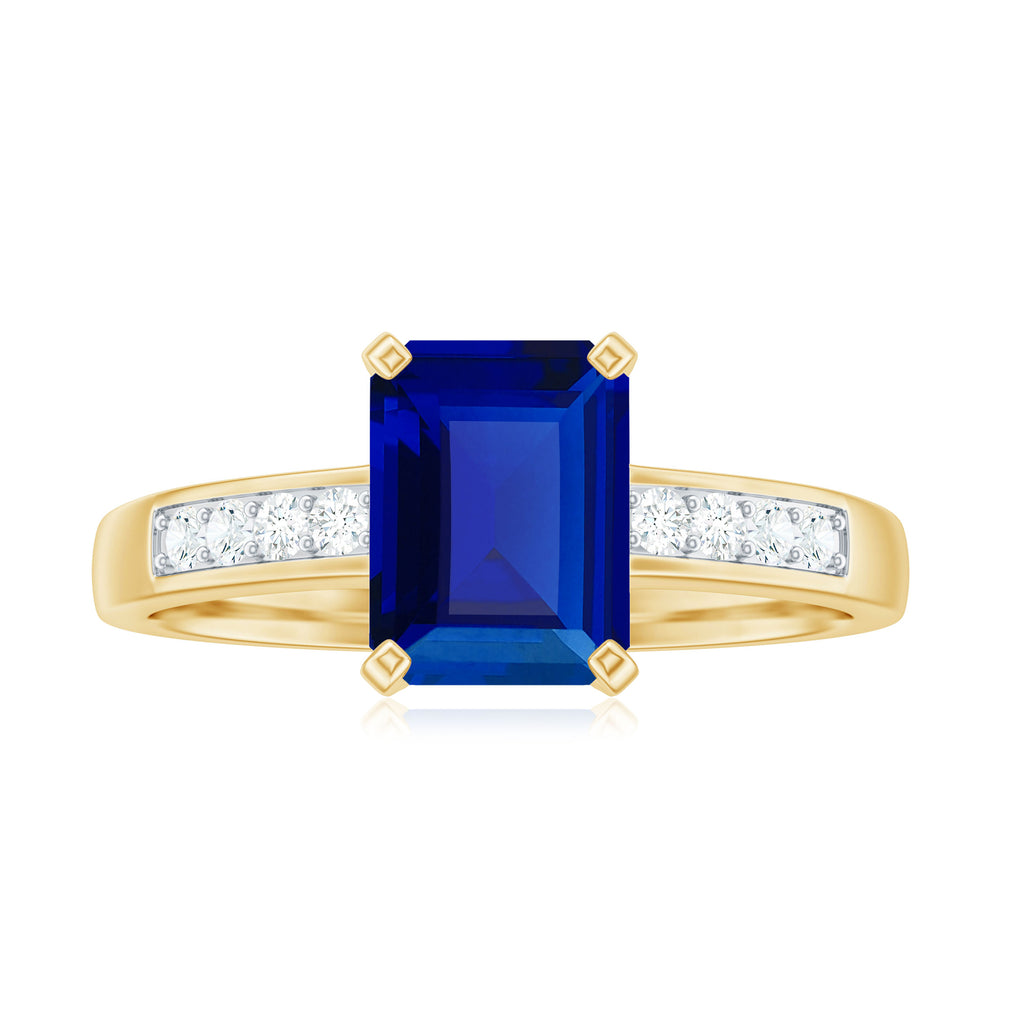 Created Blue Sapphire Solitaire Ring with Diamond Lab Created Blue Sapphire - ( AAAA ) - Quality - Rosec Jewels