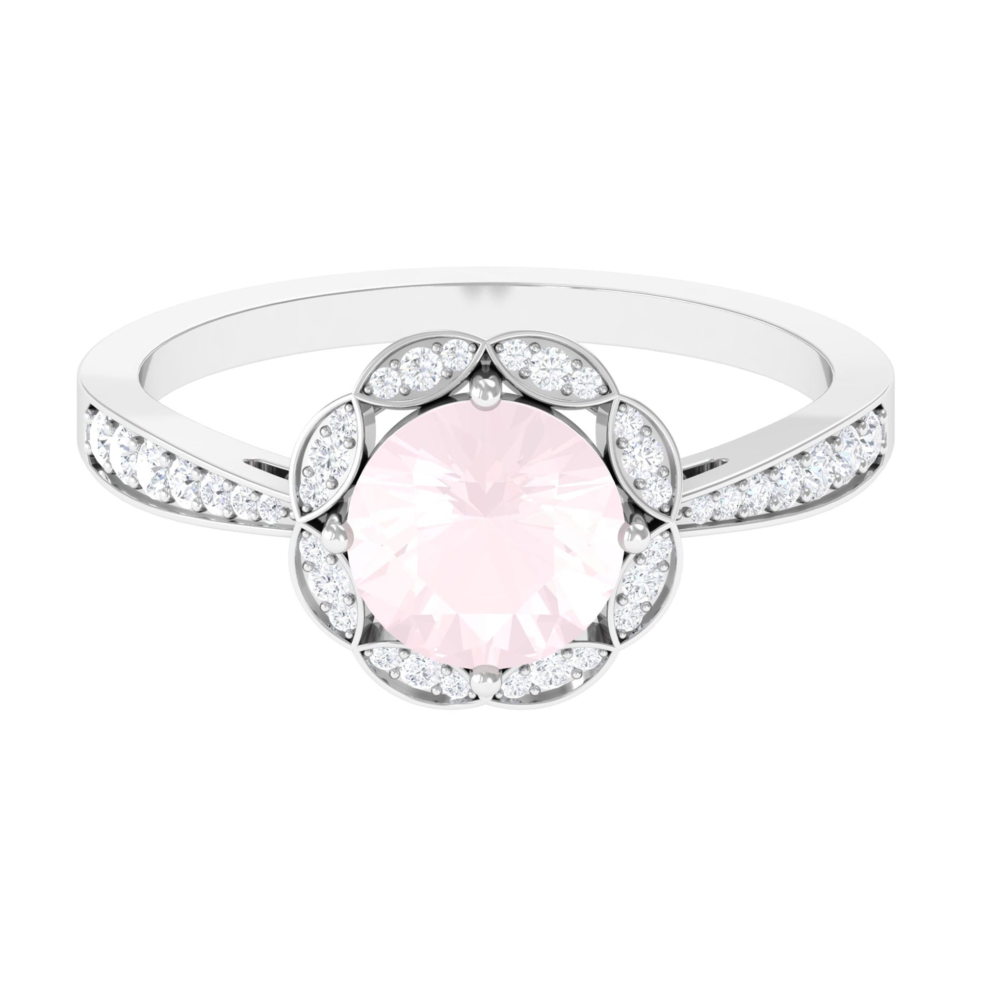 Round Rose Quartz and Diamond Designer Halo Engagement Ring Rose Quartz - ( AAA ) - Quality - Rosec Jewels