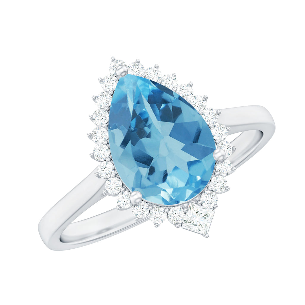 Pear Shaped Swiss Blue Topaz and Diamond Halo Cocktail Ring Swiss Blue Topaz - ( AAA ) - Quality - Rosec Jewels
