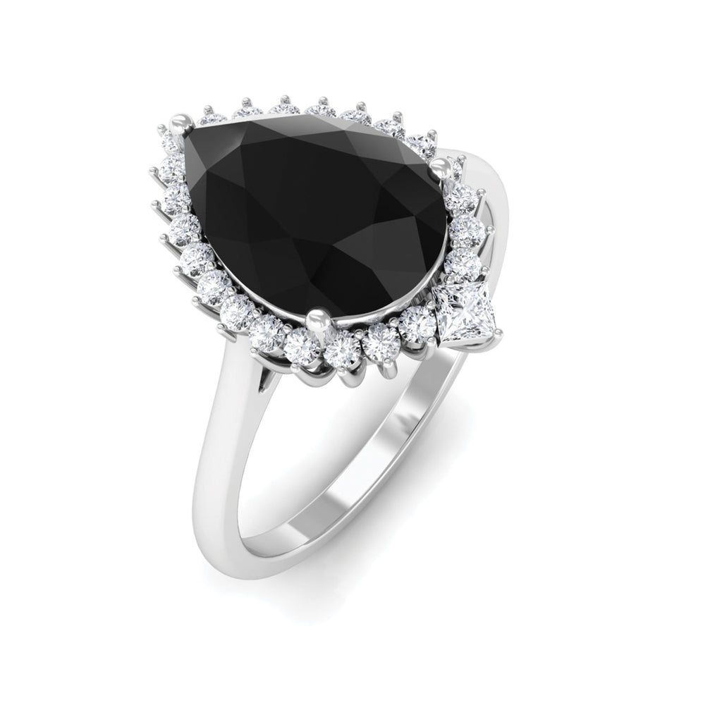 Pear Shaped Created Black Diamond and Diamond Halo Cocktail Ring Lab Created Black Diamond - ( AAAA ) - Quality - Rosec Jewels