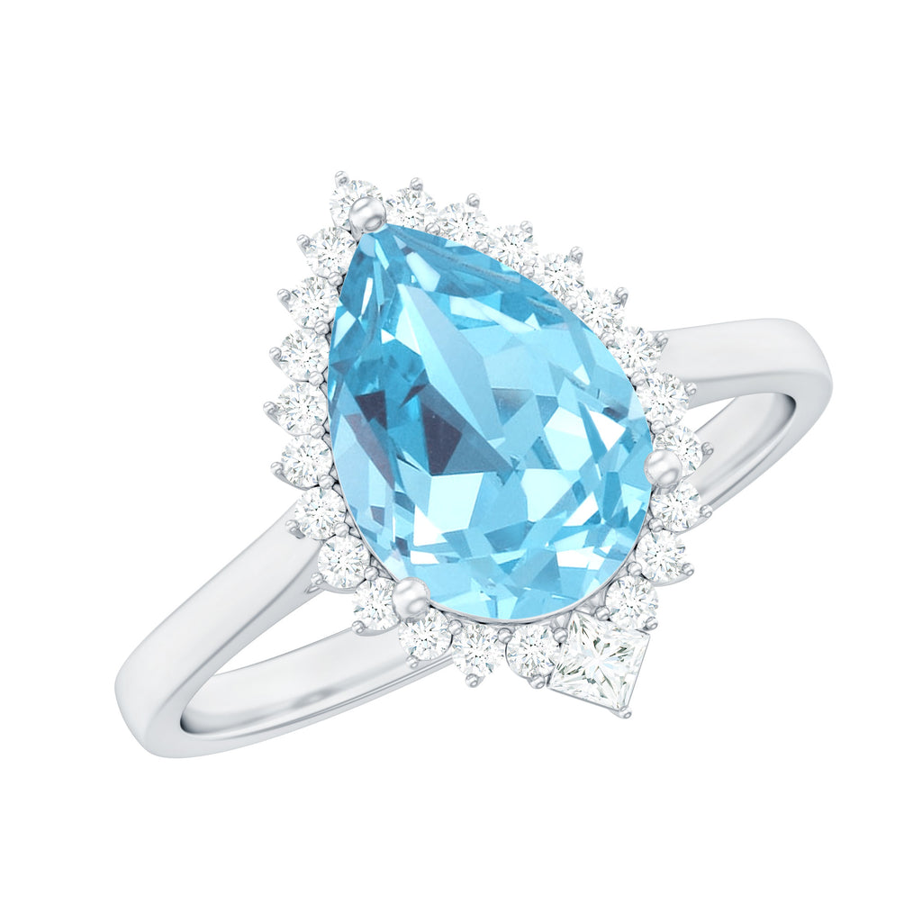 Pear Shape Aquamarine Statement Engagement Ring with Diamond Halo Aquamarine - ( AAA ) - Quality - Rosec Jewels