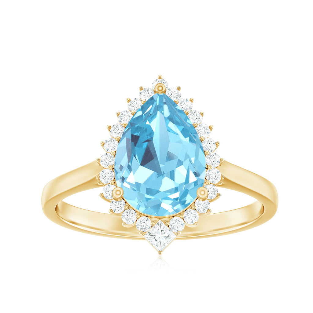 Pear Shape Aquamarine Statement Engagement Ring with Diamond Halo Aquamarine - ( AAA ) - Quality - Rosec Jewels