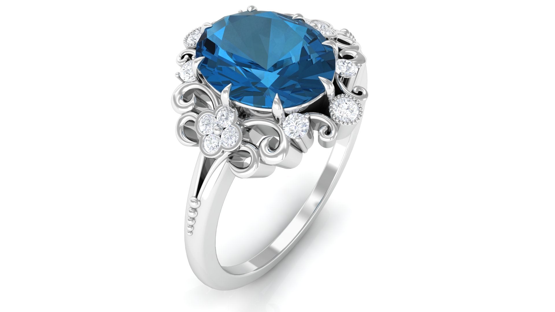 Vintage Inspired London Blue Topaz Engagement Ring with Diamond London Blue Topaz - ( AAA ) - Quality - Rosec Jewels