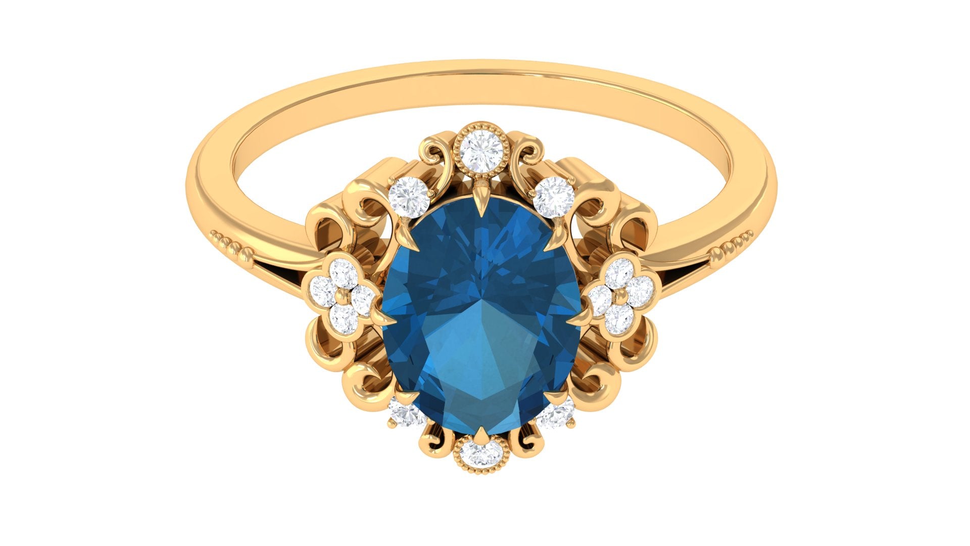 Vintage Inspired London Blue Topaz Engagement Ring with Diamond London Blue Topaz - ( AAA ) - Quality - Rosec Jewels