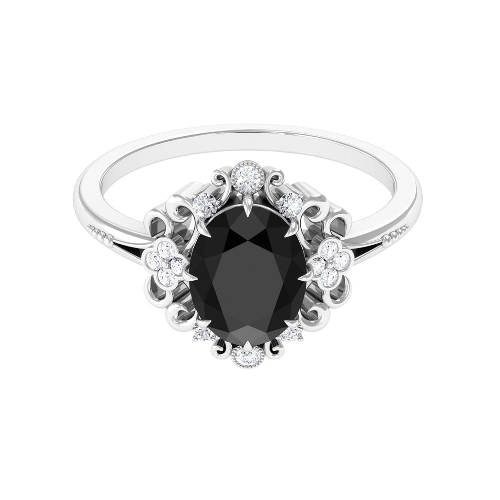 Vintage Inspired Black Onyx Engagement Ring with Diamond Black Onyx - ( AAA ) - Quality - Rosec Jewels