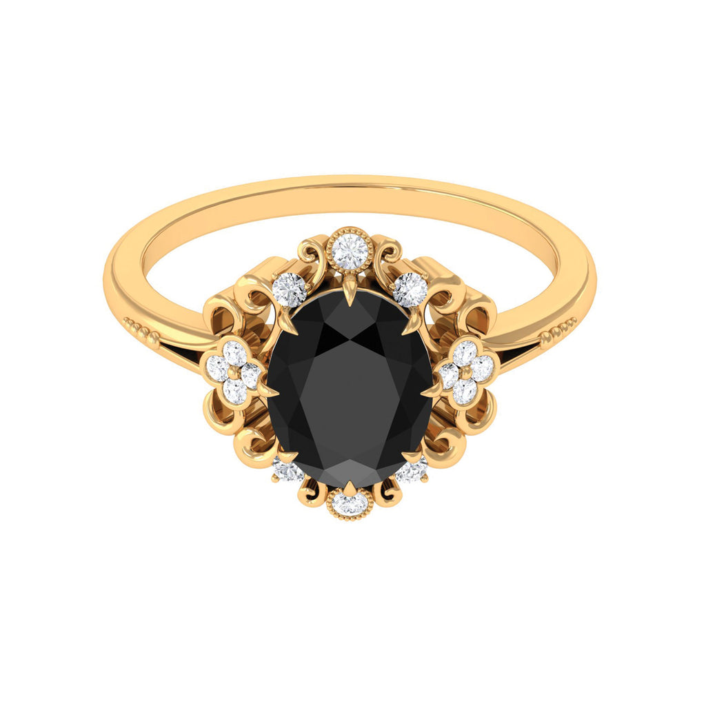 Vintage Inspired Black Onyx Engagement Ring with Diamond Black Onyx - ( AAA ) - Quality - Rosec Jewels
