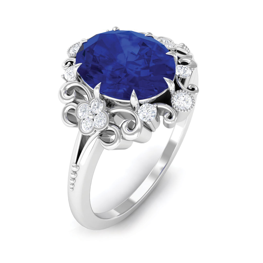 Vintage Inspired Created Blue Sapphire Engagement Ring with Diamond Lab Created Blue Sapphire - ( AAAA ) - Quality - Rosec Jewels