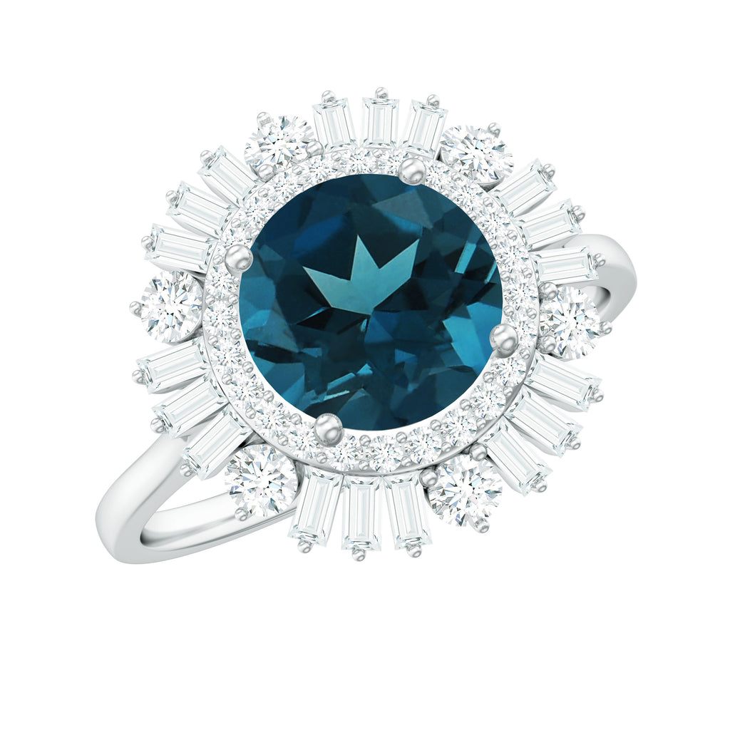 Round London Blue Topaz Cocktail Ring with Diamond Double Halo London Blue Topaz - ( AAA ) - Quality - Rosec Jewels