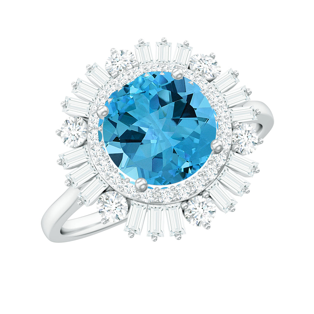 Round Swiss Blue Topaz Cocktail Ring with Moissanite Double Halo Swiss Blue Topaz - ( AAA ) - Quality - Rosec Jewels
