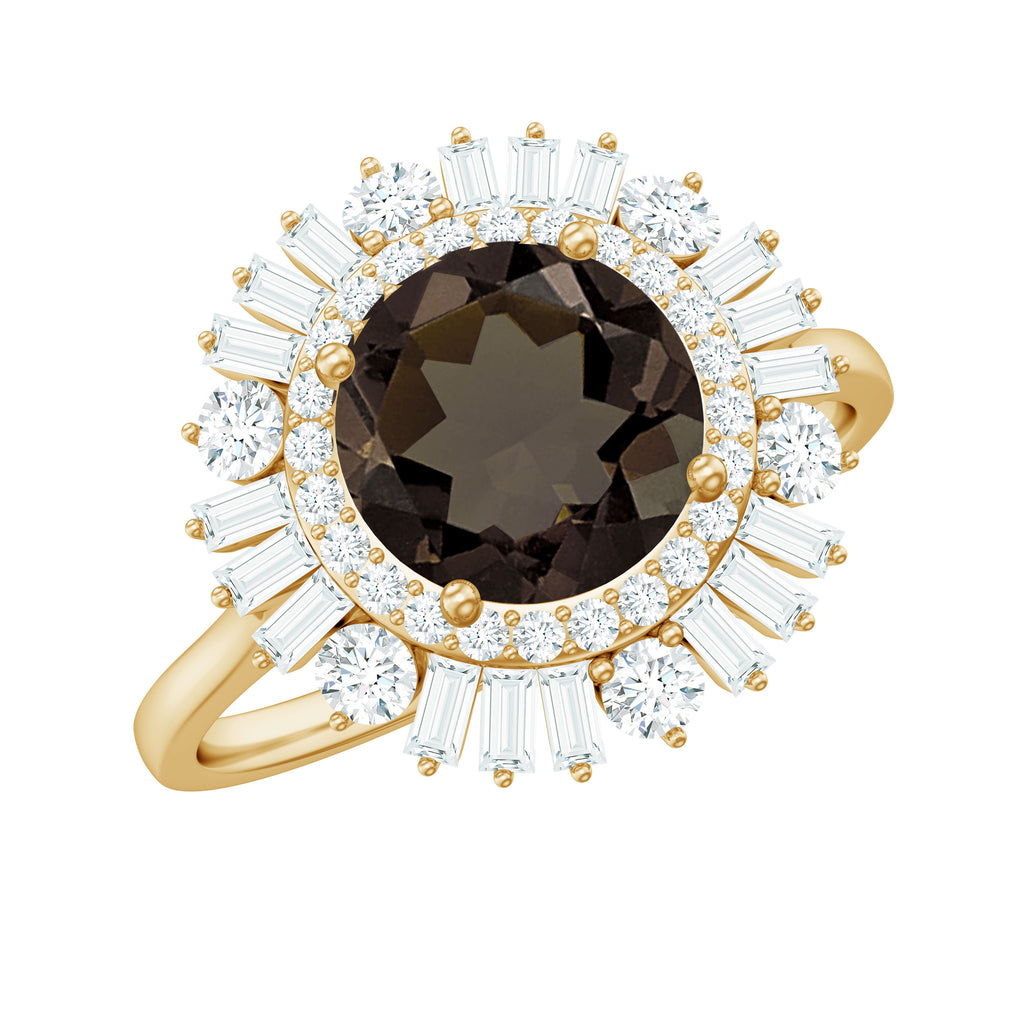 2.50 CT Round Smoky Quartz Cocktail Ring with Moissanite Double Halo Smoky Quartz - ( AAA ) - Quality - Rosec Jewels