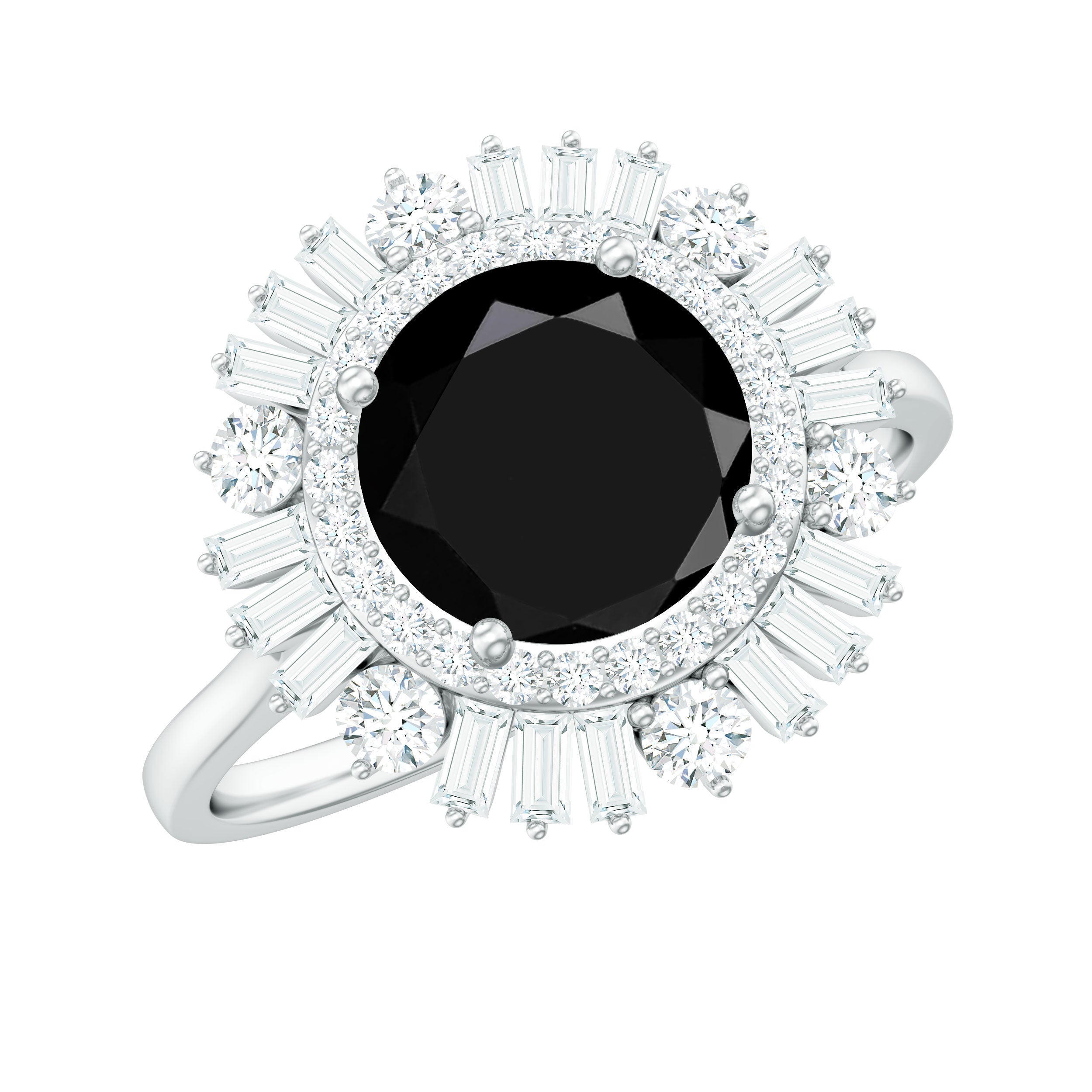 Black Onyx Cocktail Engagement Ring with Moissanite Double Halo Black Onyx - ( AAA ) - Quality - Rosec Jewels