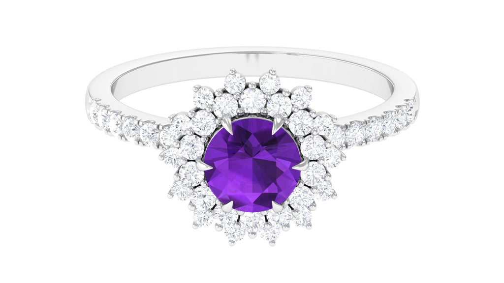 Round Amethyst Statement Engagement Ring with Moissanite Amethyst - ( AAA ) - Quality - Rosec Jewels