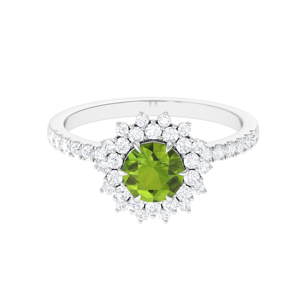 Round Peridot Statement Engagement Ring with Moissanite Cluster Halo Peridot - ( AAA ) - Quality - Rosec Jewels