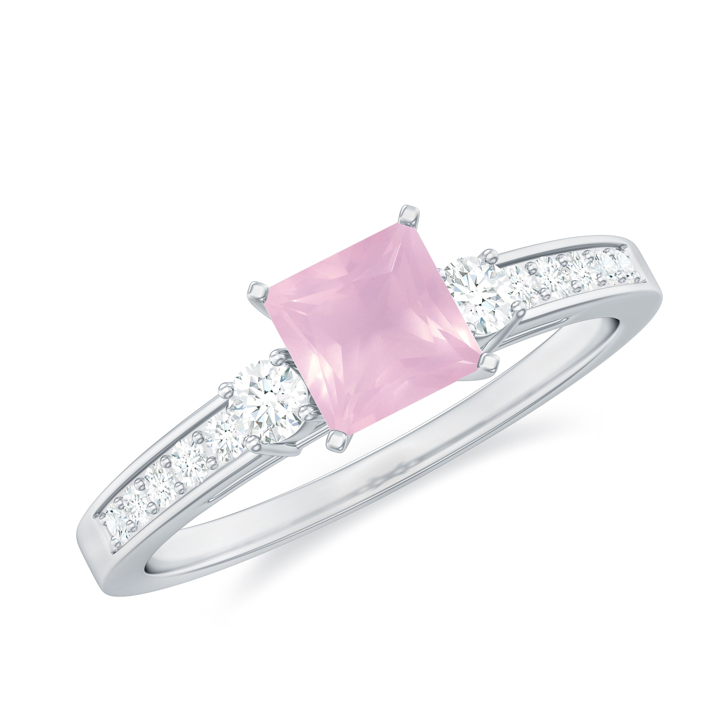 Classic Princess Cut Rose Quartz and Diamond Engagement Ring Rose Quartz - ( AAA ) - Quality - Rosec Jewels