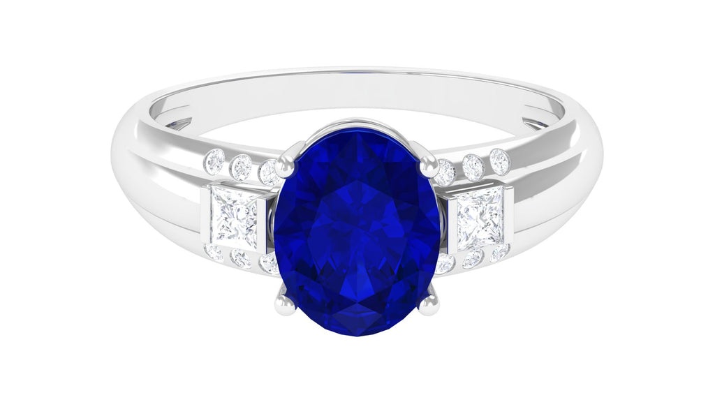 Lab Created Blue Sapphire Solitaire Engagement Ring with Diamond Lab Created Blue Sapphire - ( AAAA ) - Quality - Rosec Jewels
