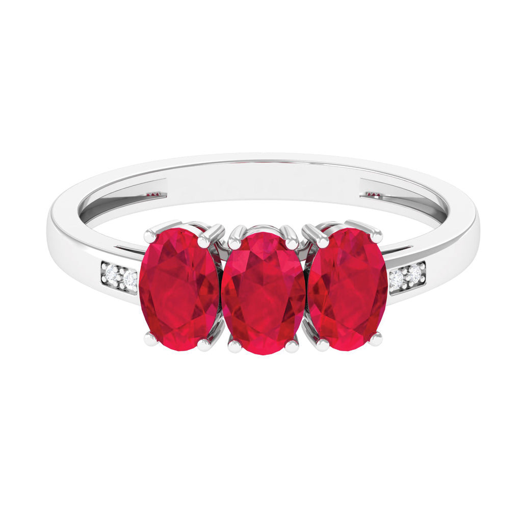 Oval Cut Created Ruby 3 Stone Engagement Ring with Diamond Lab Created Ruby - ( AAAA ) - Quality - Rosec Jewels