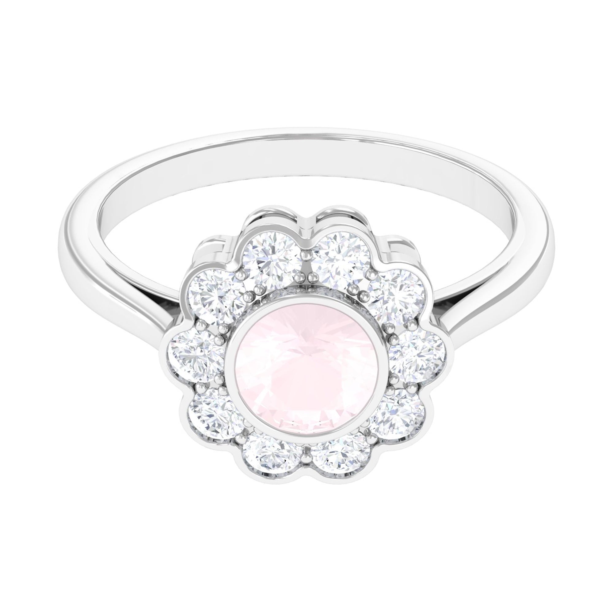 Bezel Set Round Rose Quartz Halo Engagement Ring with Diamond Rose Quartz - ( AAA ) - Quality - Rosec Jewels