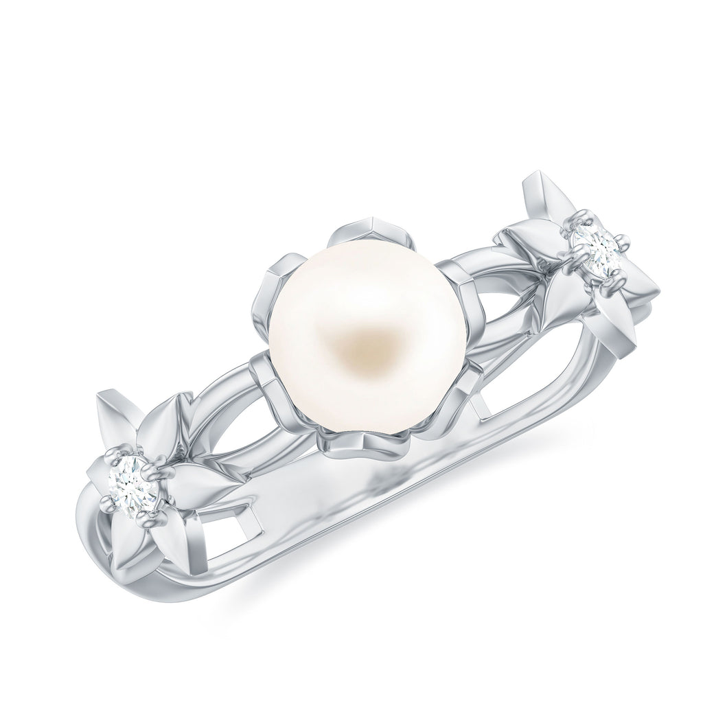 Natural Freshwater Pearl Solitaire Flower Band Ring with Diamond Freshwater Pearl - ( AAA ) - Quality - Rosec Jewels