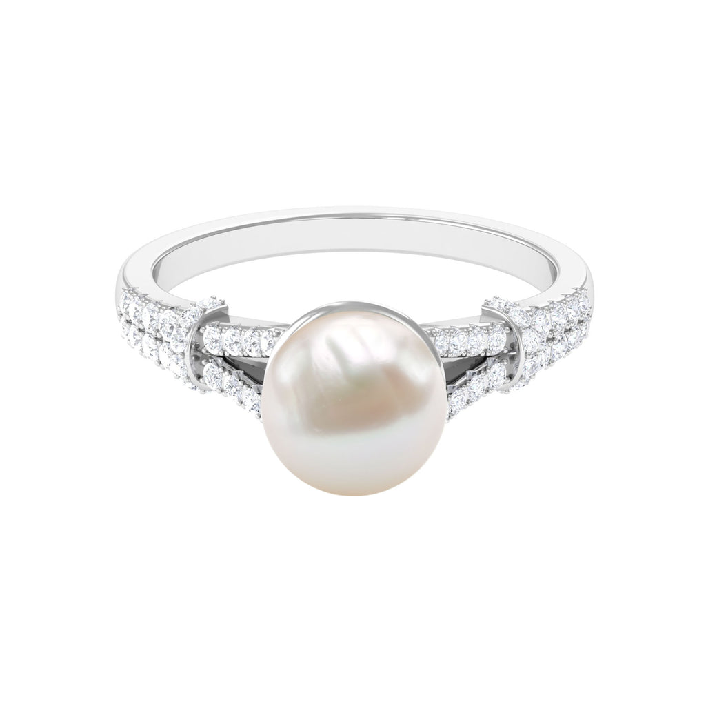 Natural White Freshwater Pearl Solitaire Engagement Ring with Diamond Freshwater Pearl - ( AAA ) - Quality - Rosec Jewels