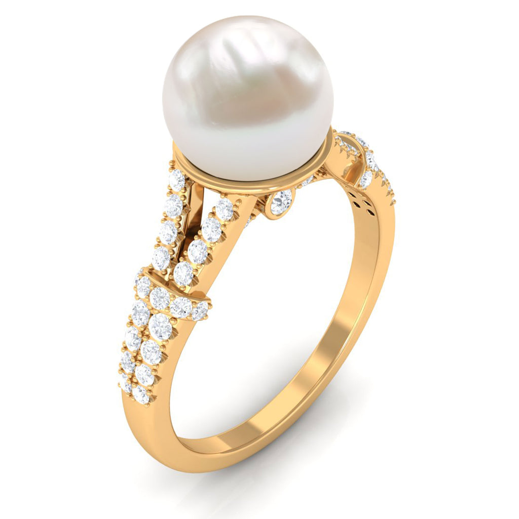 Natural White Freshwater Pearl Solitaire Engagement Ring with Diamond Freshwater Pearl - ( AAA ) - Quality - Rosec Jewels