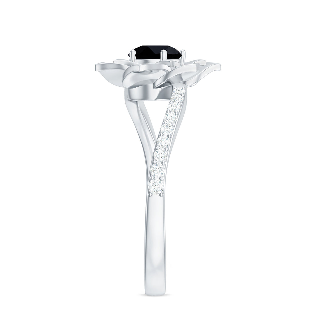 Created Black Diamond and Diamond Flower Ring in Bypass Shank Lab Created Black Diamond - ( AAAA ) - Quality - Rosec Jewels