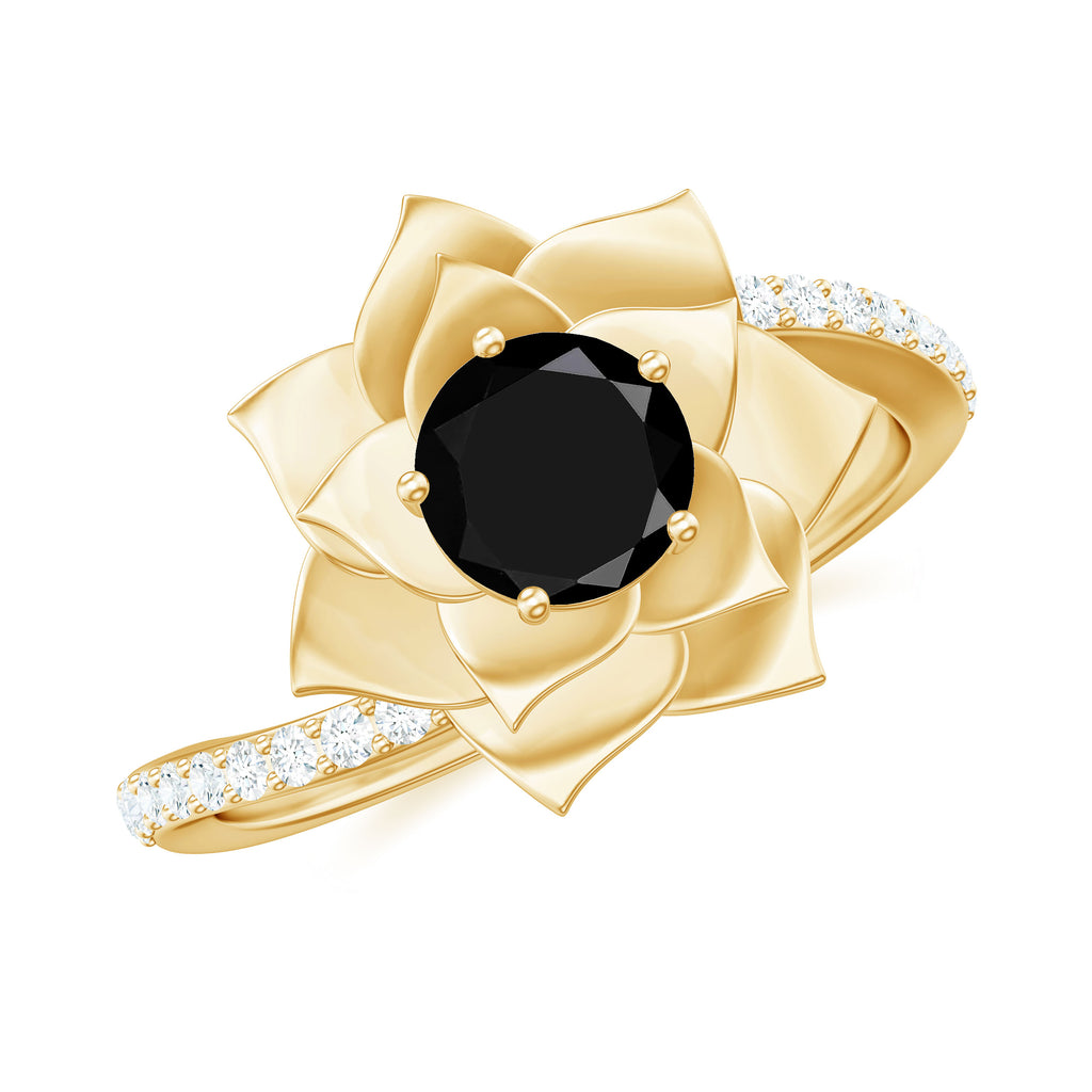 Created Black Diamond and Diamond Flower Ring in Bypass Shank Lab Created Black Diamond - ( AAAA ) - Quality - Rosec Jewels