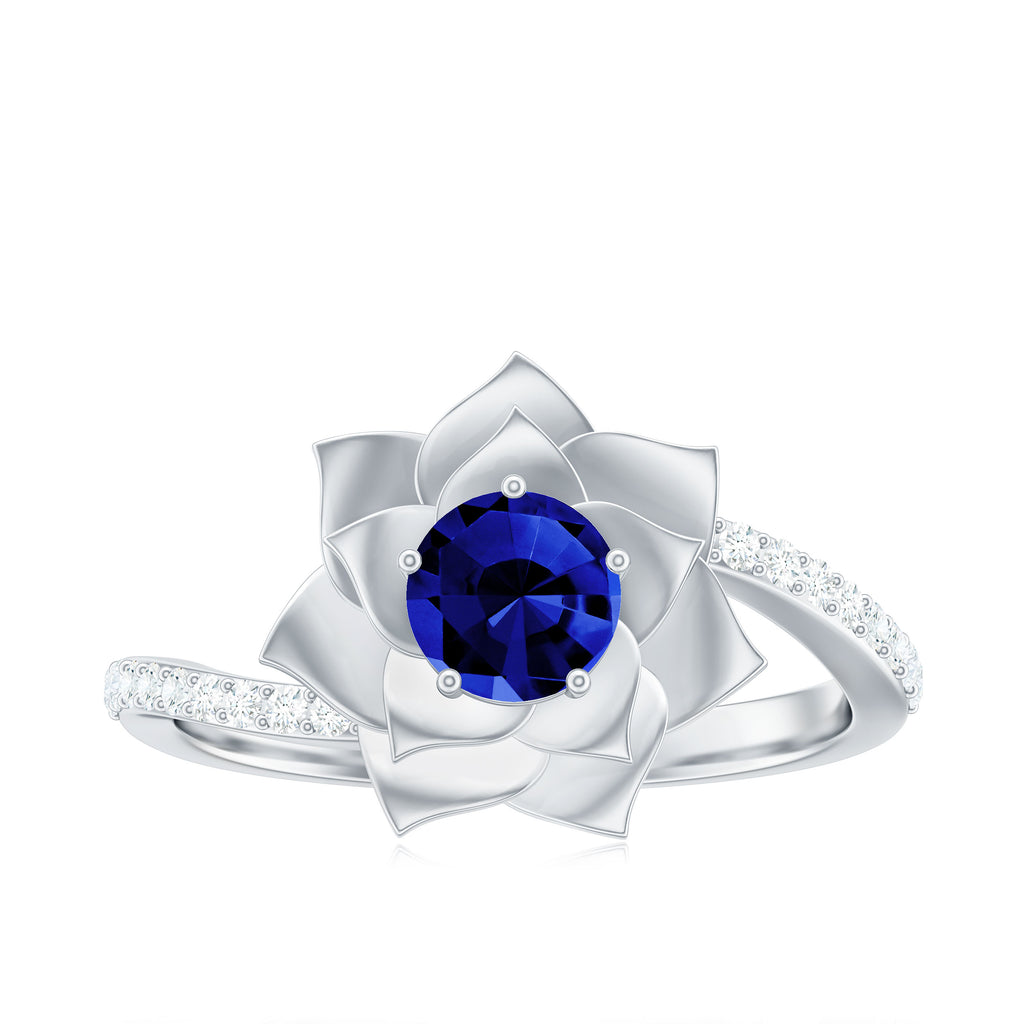 Created Blue Sapphire and Diamond Flower Engagement Ring with Bypass Shank Lab Created Blue Sapphire - ( AAAA ) - Quality - Rosec Jewels