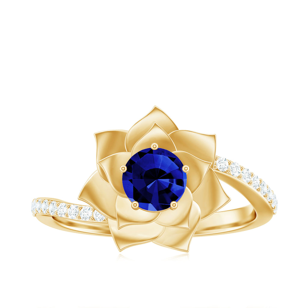 Created Blue Sapphire and Diamond Flower Engagement Ring with Bypass Shank Lab Created Blue Sapphire - ( AAAA ) - Quality - Rosec Jewels