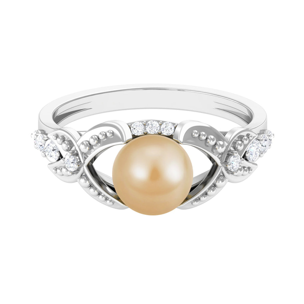 Vintage Style South Sea Pearl and Diamond Engagement Ring with Split Shank South Sea Pearl - ( AAA ) - Quality - Rosec Jewels