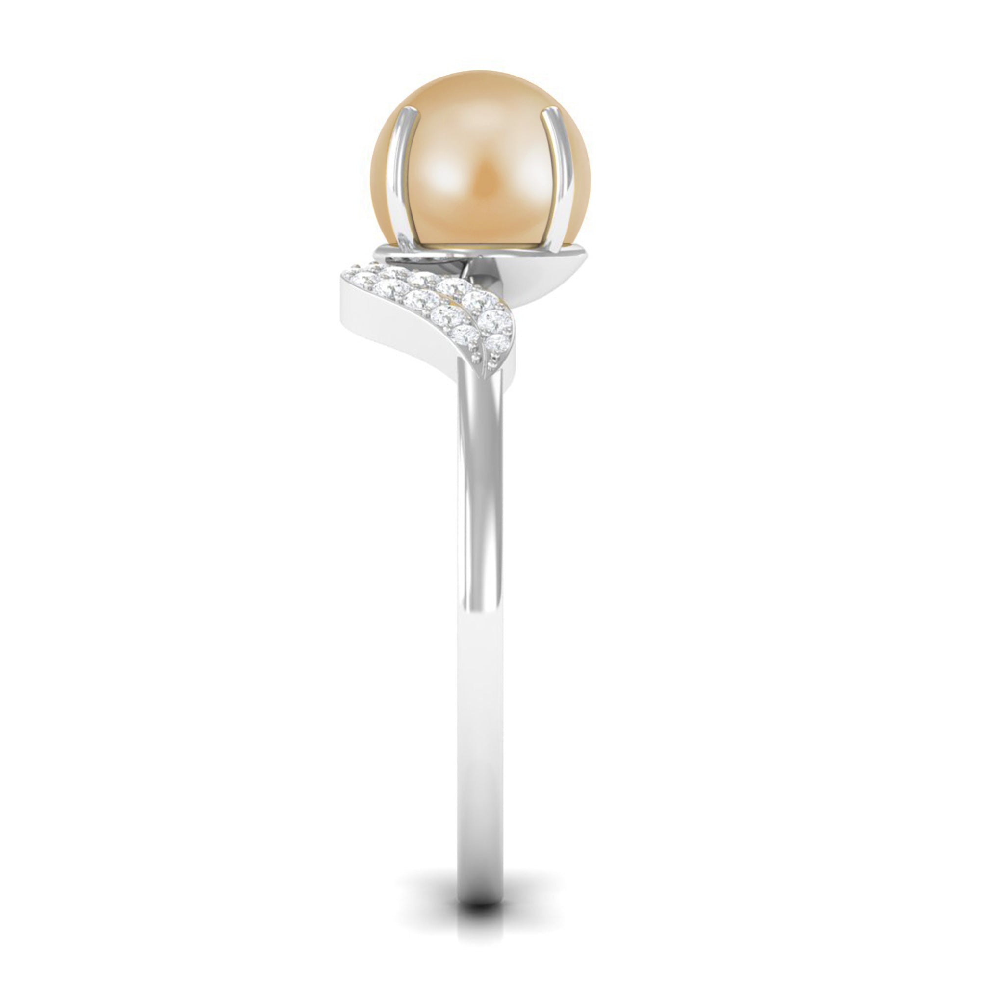 Classic South Sea Pearl Solitaire Ring with Diamond Leaf South Sea Pearl - ( AAA ) - Quality - Rosec Jewels