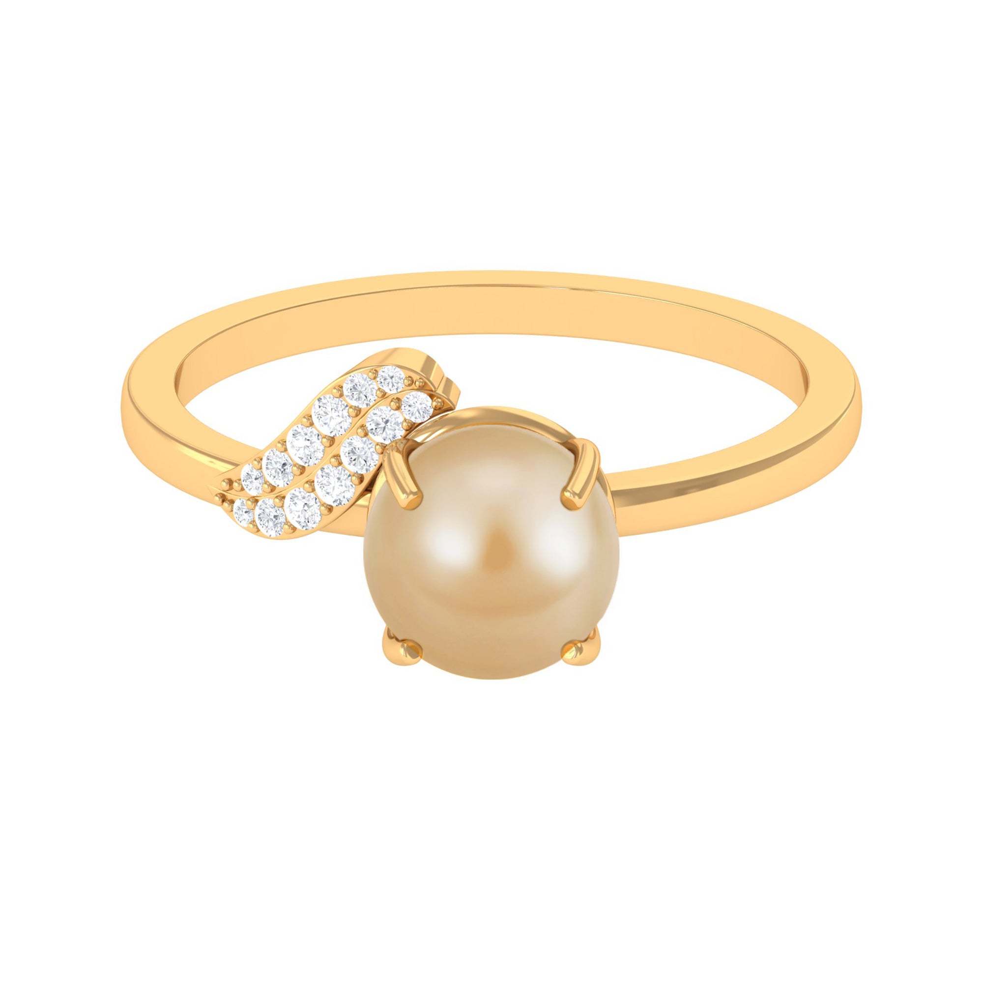 Classic South Sea Pearl Solitaire Ring with Diamond Leaf South Sea Pearl - ( AAA ) - Quality - Rosec Jewels