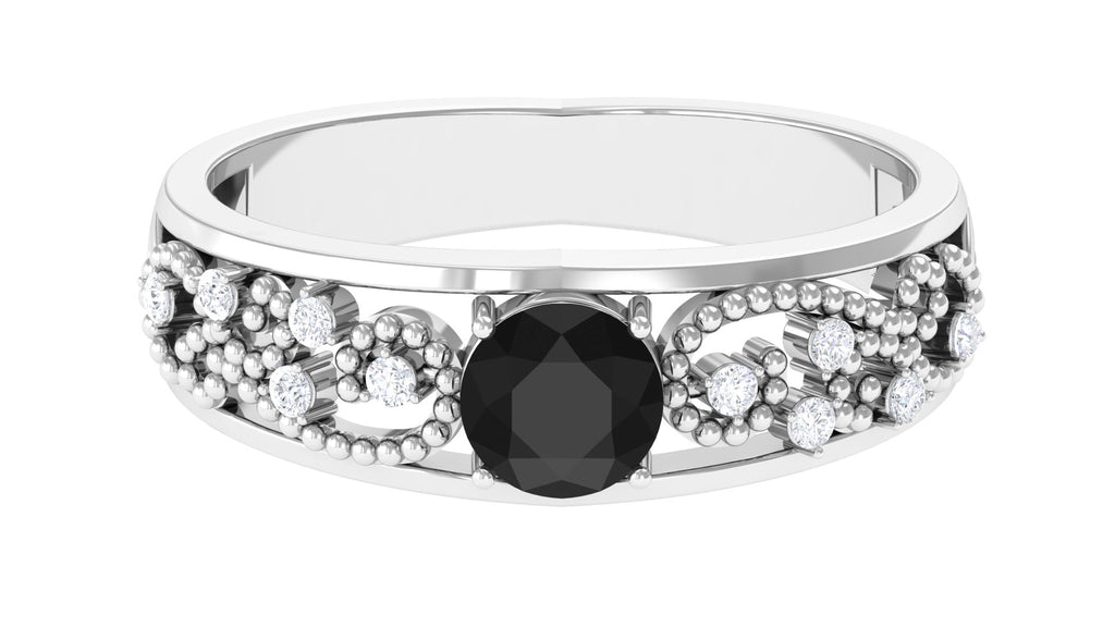 1 CT Beaded Created Black Diamond Solitaire Band Ring with Diamond Accent Lab Created Black Diamond - ( AAAA ) - Quality - Rosec Jewels