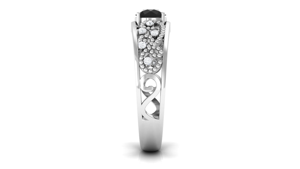 1 CT Beaded Created Black Diamond Solitaire Band Ring with Diamond Accent Lab Created Black Diamond - ( AAAA ) - Quality - Rosec Jewels