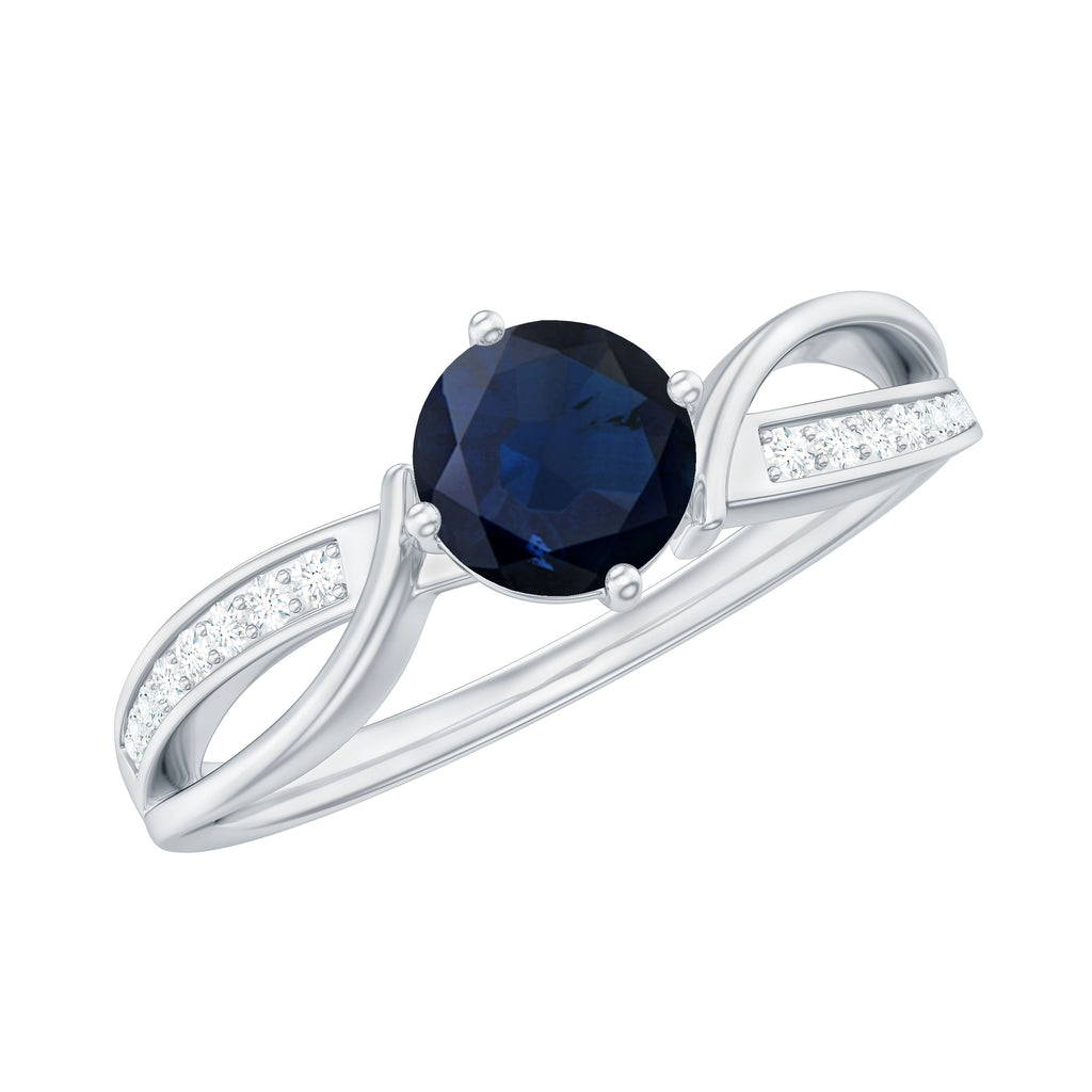 Infinity Shank Round Blue Sapphire Engagement Ring with Diamond Blue Sapphire - ( AAA ) - Quality - Rosec Jewels