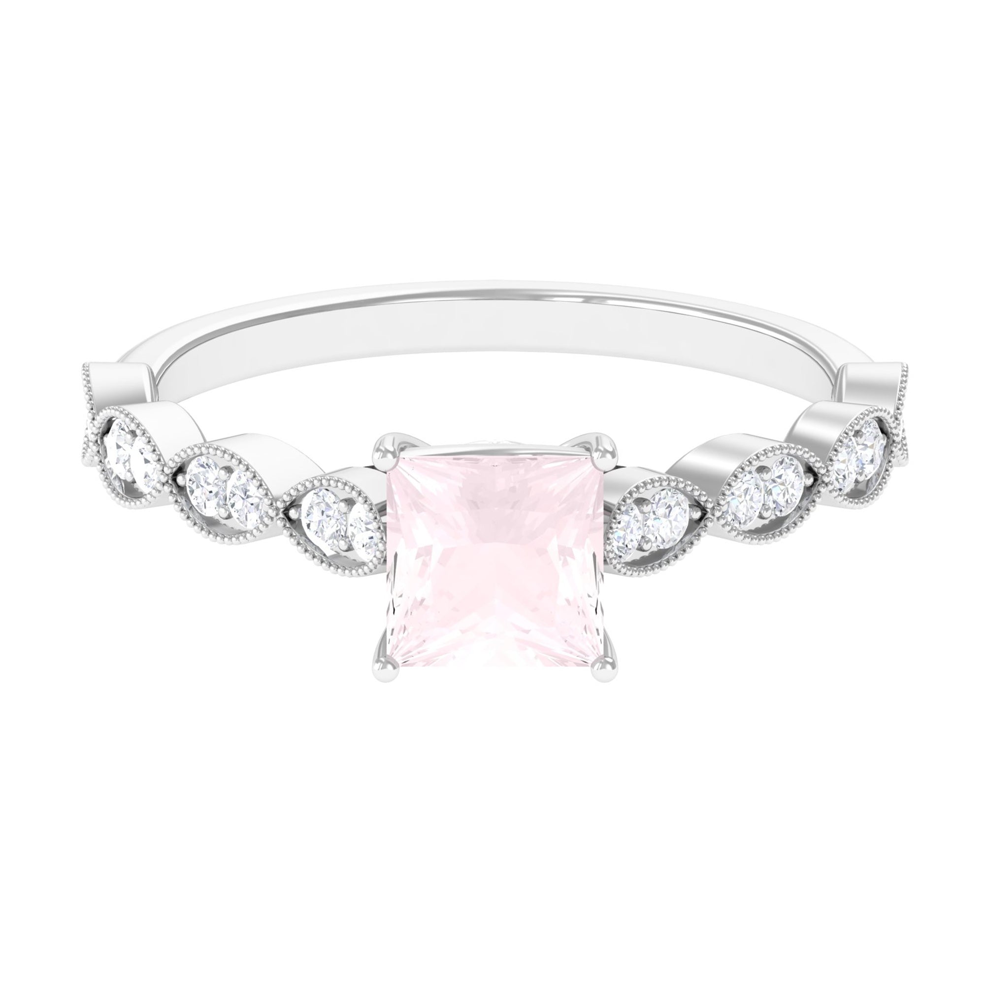 1.5 CT Princess Cut Rose Quartz Engagement Ring with Diamond Side Stones Rose Quartz - ( AAA ) - Quality - Rosec Jewels