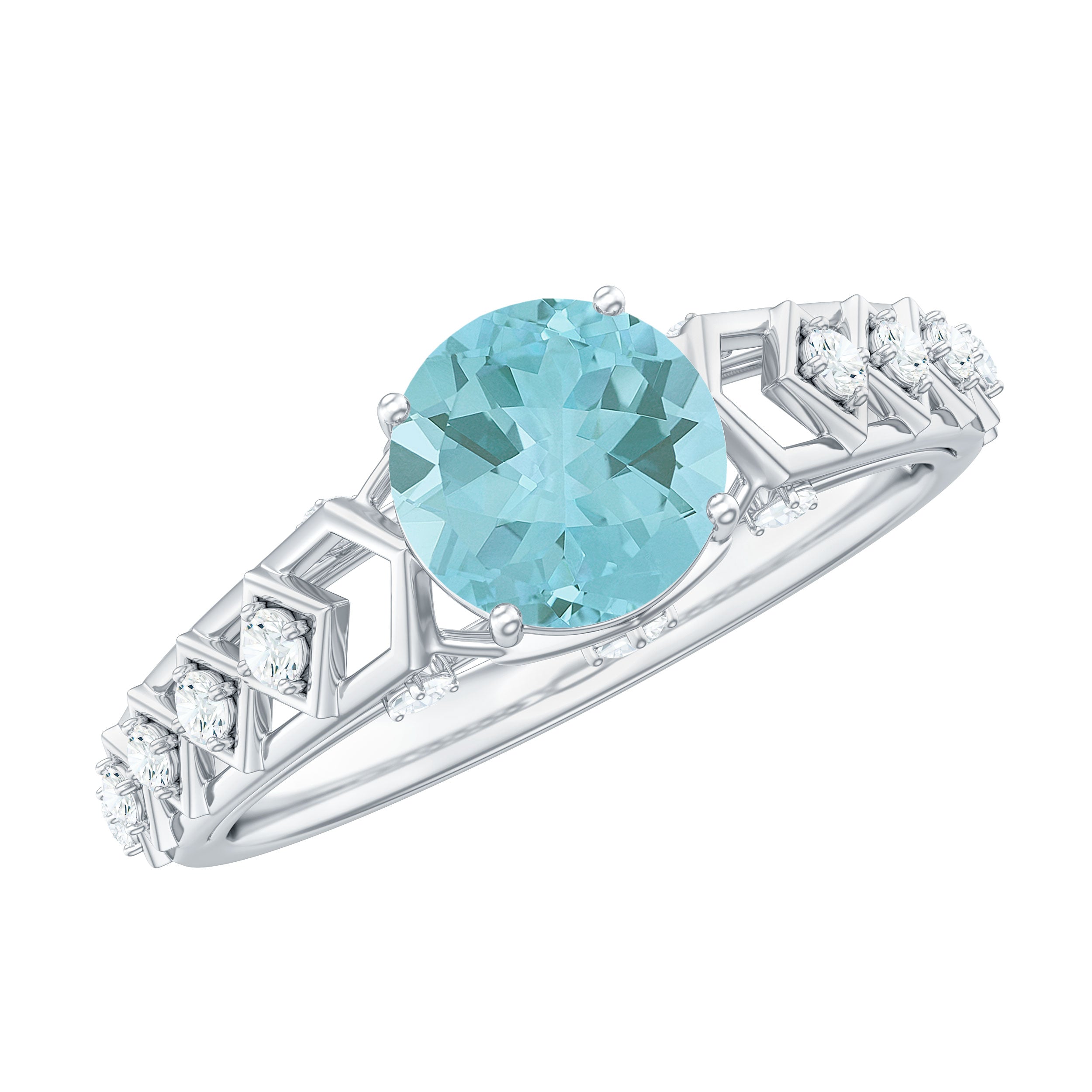 Round Sky Blue Topaz Solitaire Art Deco Ring with Diamond Sky Blue Topaz - ( AAA ) - Quality - Rosec Jewels