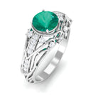 Antique Style Round Emerald Engagement Ring with Diamond Emerald - ( AAA ) - Quality - Rosec Jewels