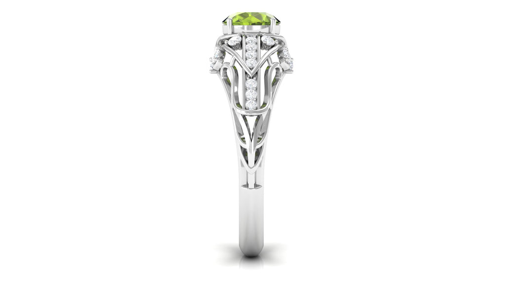 Antique Style Round Peridot Engagement Ring with Diamond Peridot - ( AAA ) - Quality - Rosec Jewels