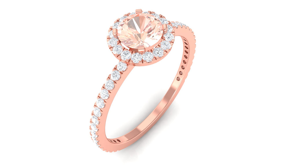 Round Shape Morganite Halo Engagement Ring with Diamond Morganite - ( AAA ) - Quality - Rosec Jewels