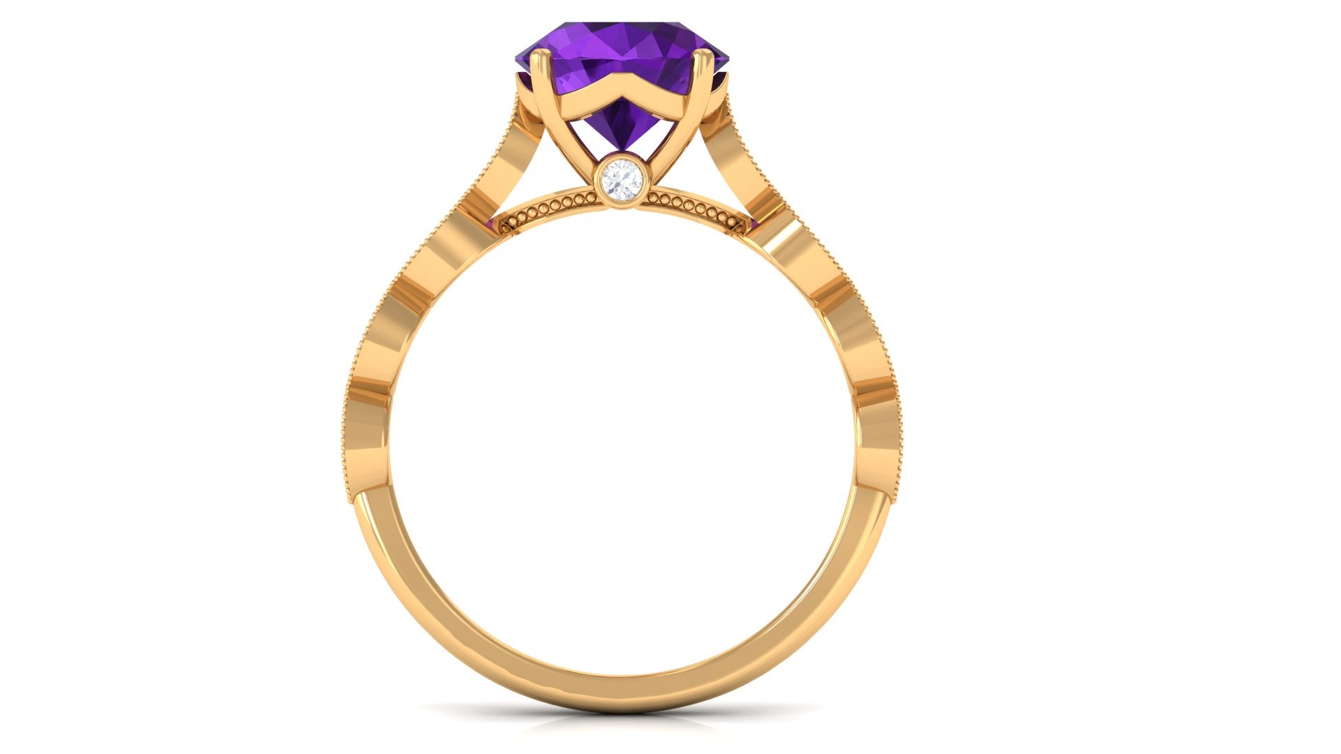 Amethyst and Diamond Solitaire Engagement Ring with Milgrain Details Amethyst - ( AAA ) - Quality - Rosec Jewels