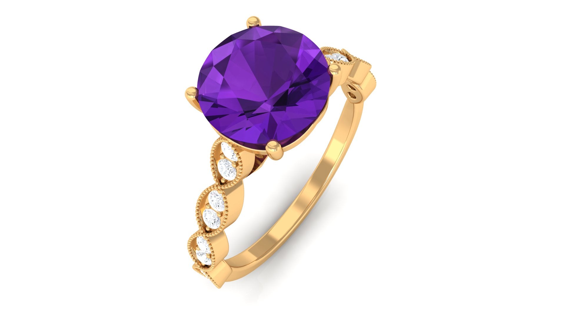 Amethyst and Diamond Solitaire Engagement Ring with Milgrain Details Amethyst - ( AAA ) - Quality - Rosec Jewels