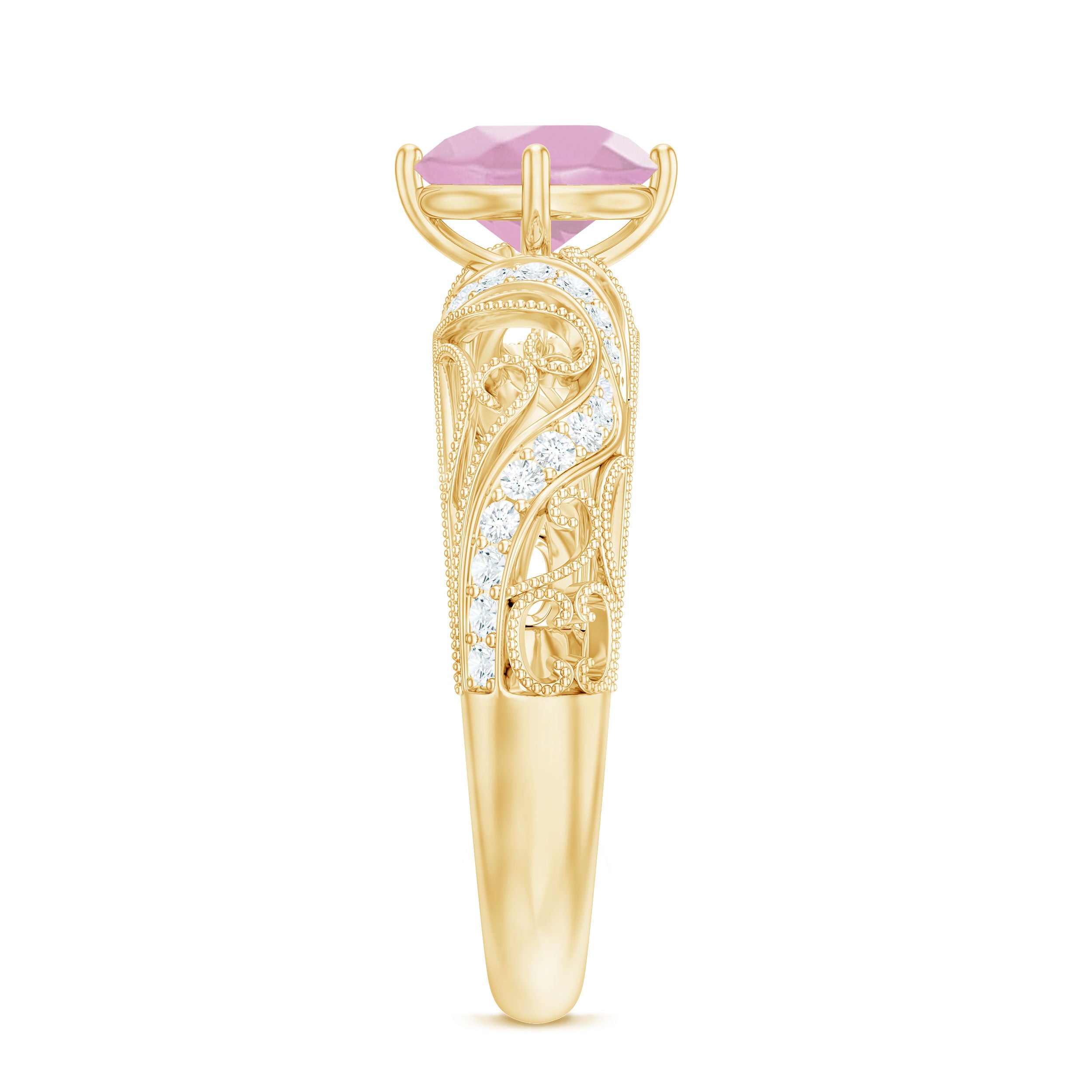 Solitaire Rose Quartz Vintage Inspired Engagement Ring with Diamond Rose Quartz - ( AAA ) - Quality - Rosec Jewels